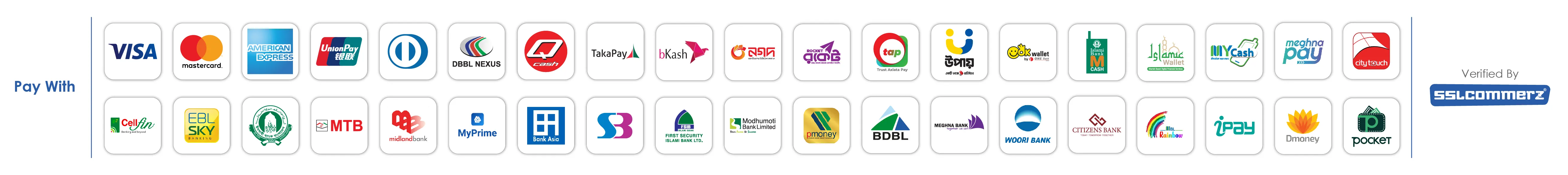 Accepted payment methods — Visa, Mastercard, bKash, Nagad, Rocket, bank transfer, and more via SSLCommerz