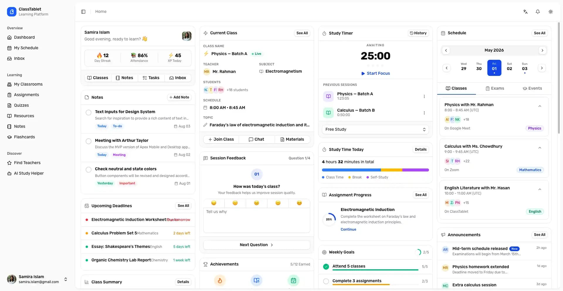 ClassTablet student dashboard